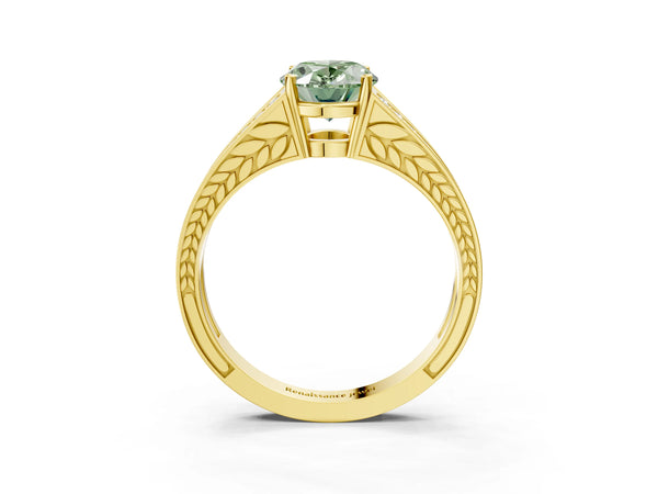 Yellow Gold Oval Pave Split Shank Engagement Ring Setting for Fancy Green Center with Engraved Sides