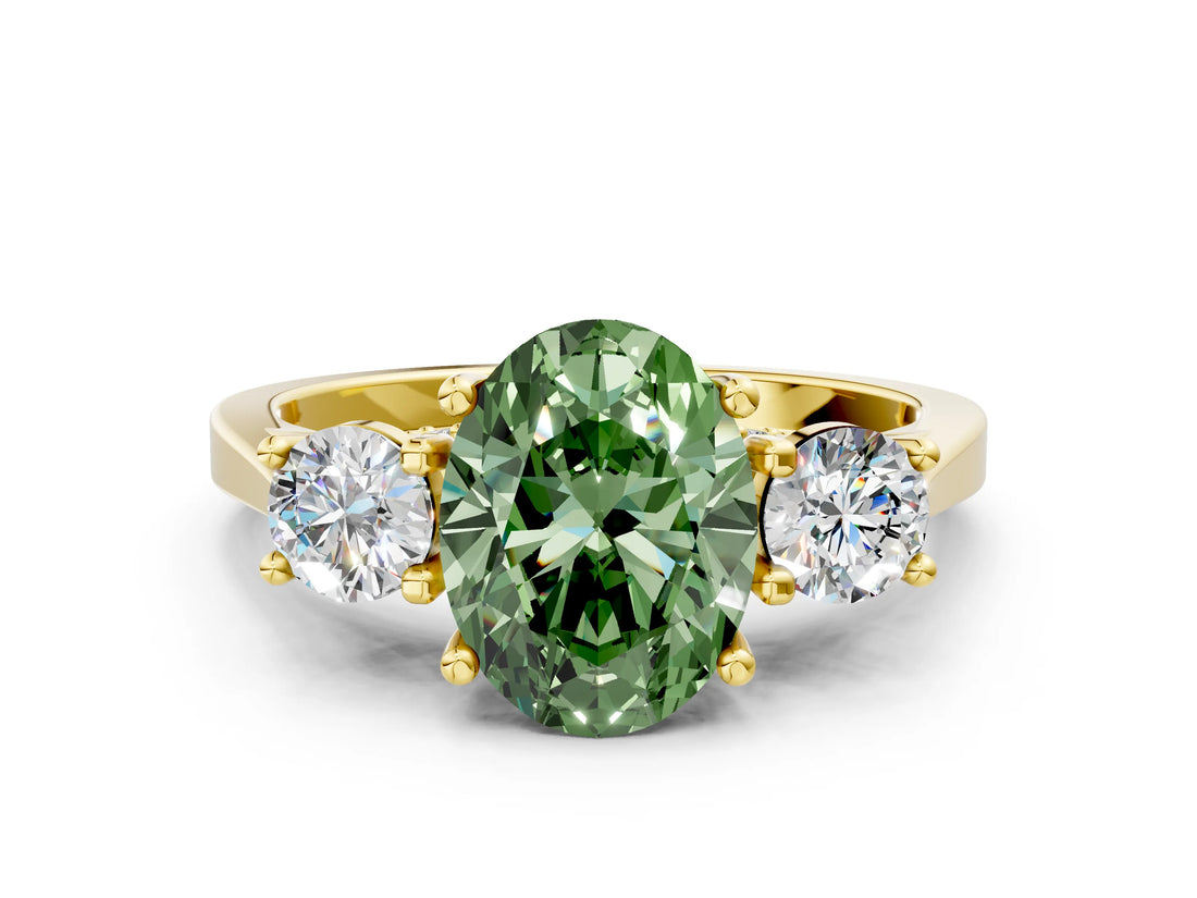 Yellow gold Fancy Green Oval Cut Diamond Three-Stone Engagement Ring with Prong Setting and Pavé Band