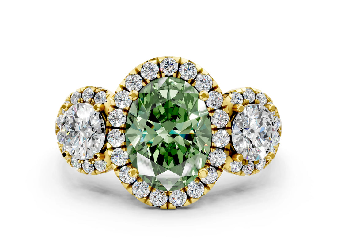 Yellow gold Fancy Green Oval Cut Diamond Three-Stone Halo Ring with Prong Setting and Pavé Accents