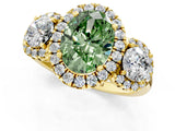Yellow gold Fancy Green Oval Cut Diamond Three-Stone Halo Ring with Prong Setting and Pavé Accents_1