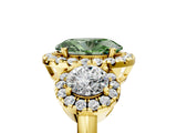 Yellow gold Fancy Green Oval Cut Diamond Three-Stone Halo Ring with Prong Setting and Pavé Accents_5