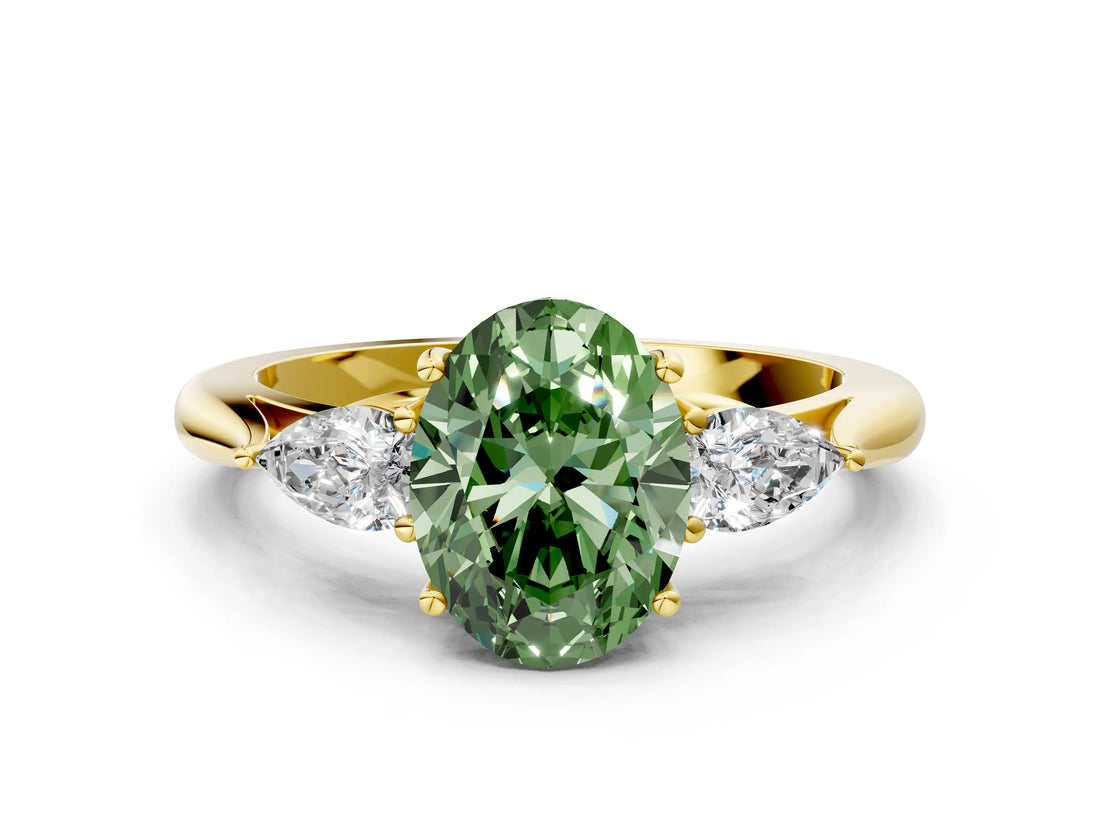 Yellow gold Fancy Green Oval Cut Diamond Three-Stone Ring with Pear Side Stones and Four-Prong Setting_83