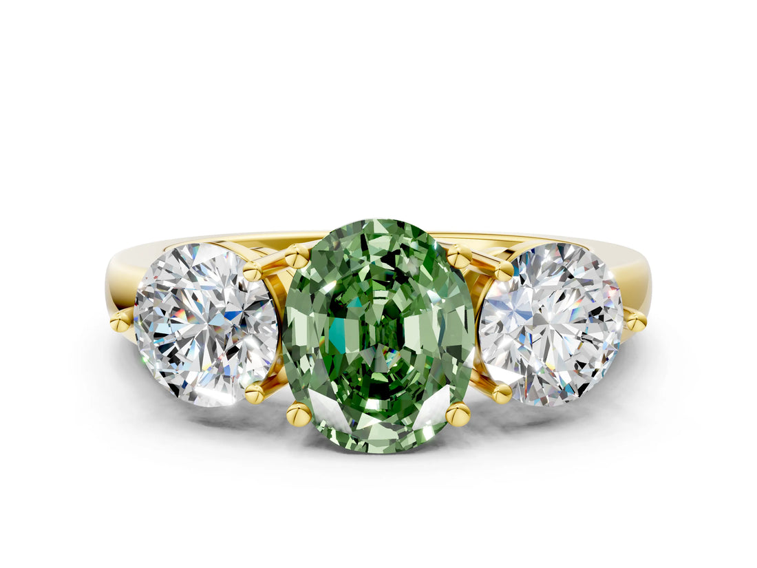 Yellow gold Fancy Green Oval Cut Diamond Three-Stone Ring with Prong Setting and Classic Band_97