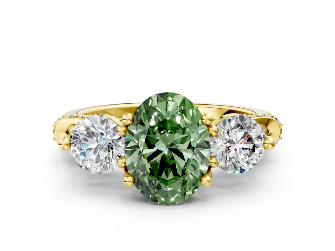 Yellow gold Fancy Green Oval Cut Diamond Three-Stone Ring with Prong Setting and Pavé Band