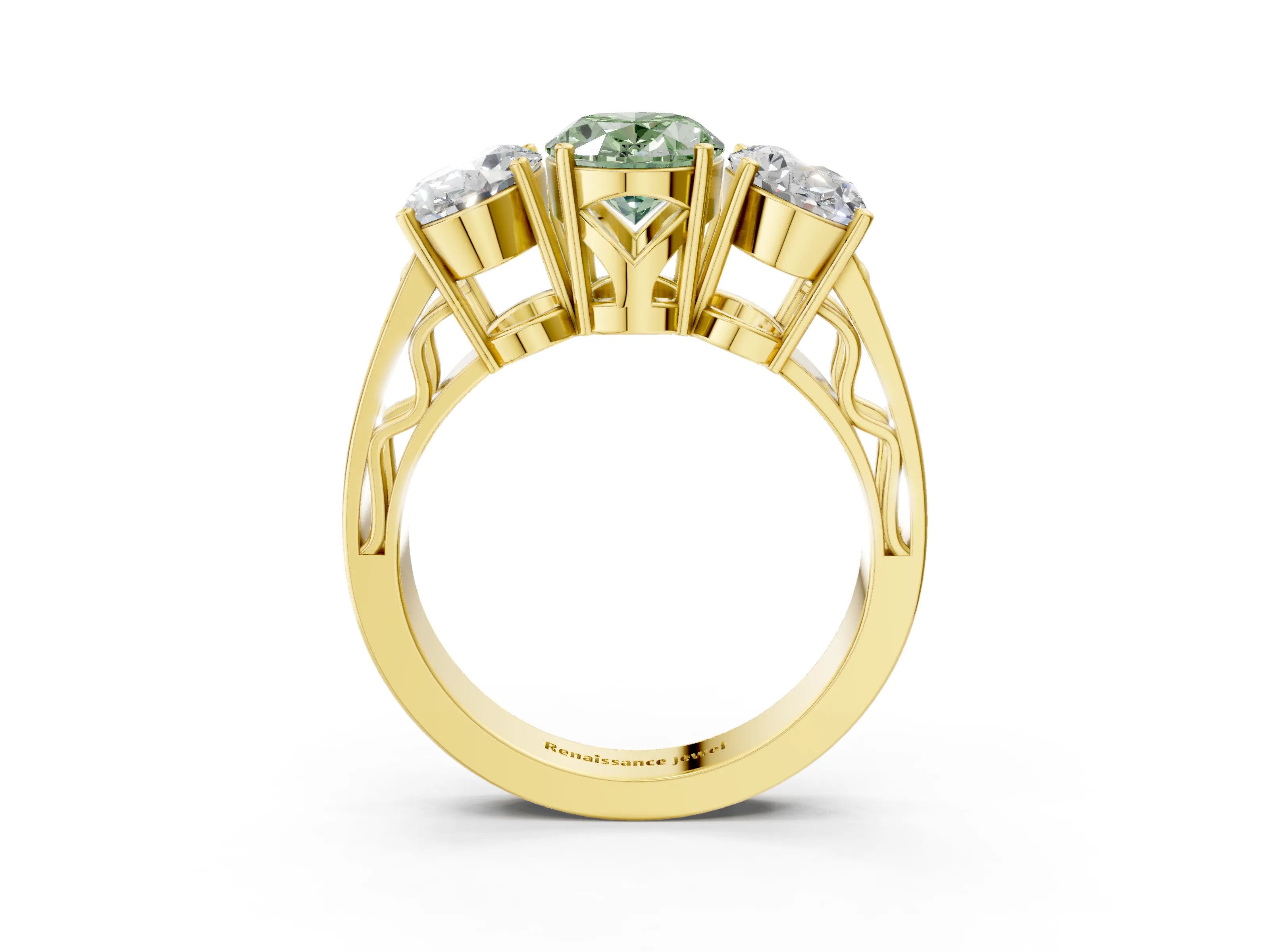 Yellow gold Fancy Green Oval Cut Diamond Three-Stone Ring with Prong Setting and Textured Band_3