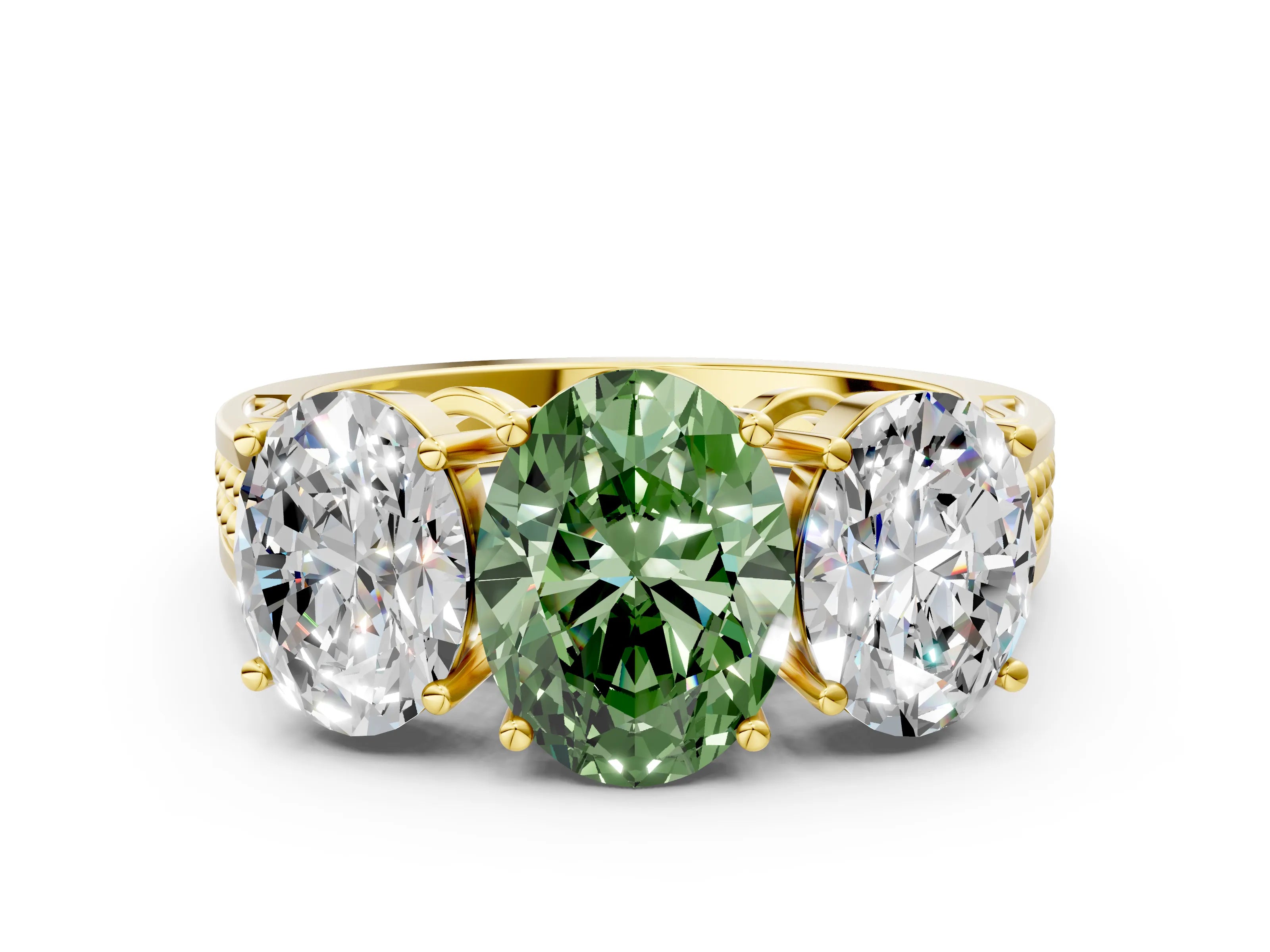 Yellow gold Fancy Green Oval Cut Diamond Three-Stone Ring with Prong Setting and Textured Band_33