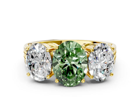 Yellow gold Fancy Green Oval Cut Diamond Three-Stone Ring with Prong Setting and Textured Band_33
