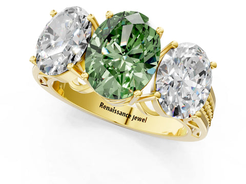 Yellow gold Fancy Green Oval Cut Diamond Three-Stone Ring with Prong Setting and Textured Band_34
