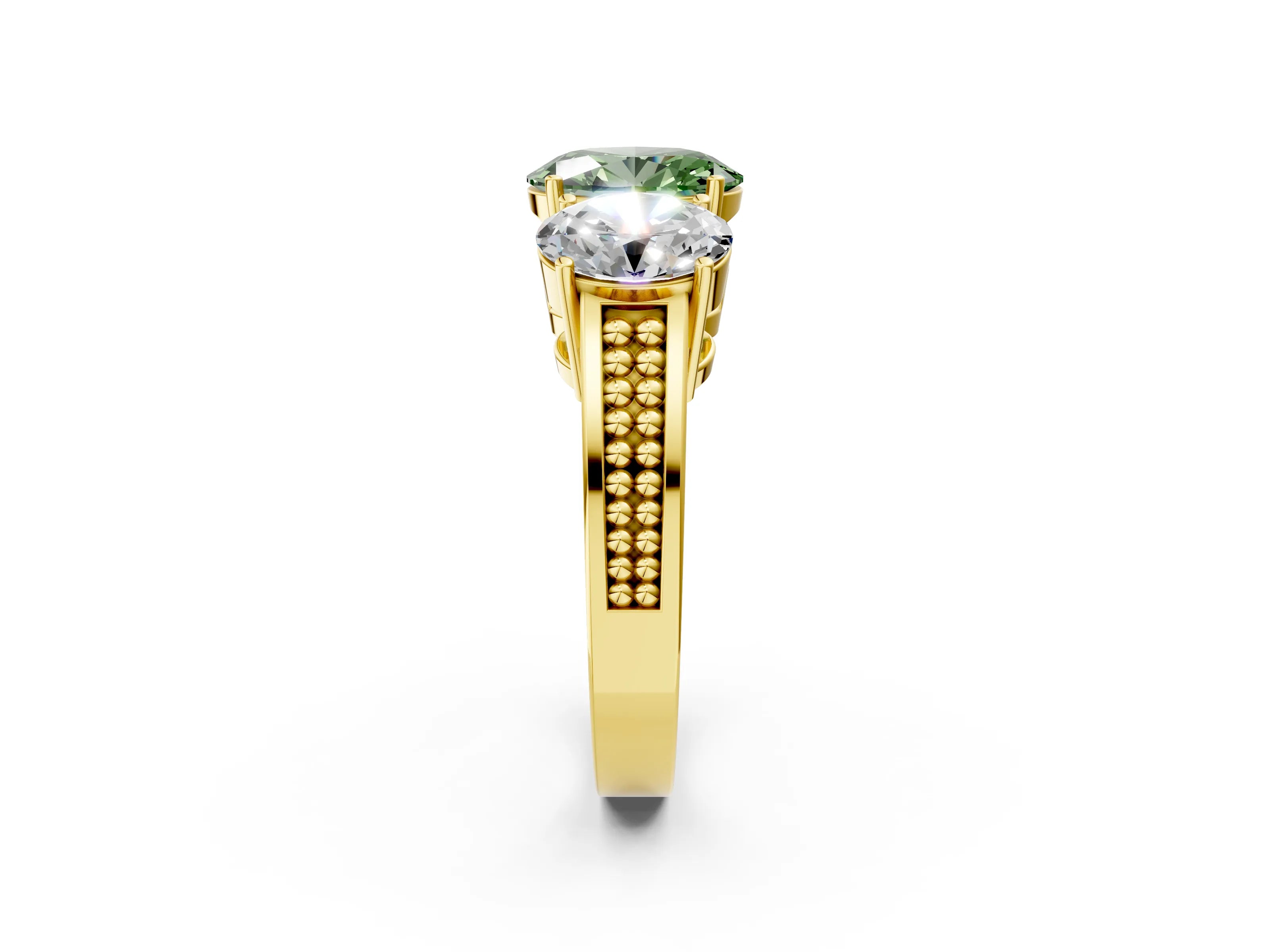 Yellow gold Fancy Green Oval Cut Diamond Three-Stone Ring with Prong Setting and Textured Band_35