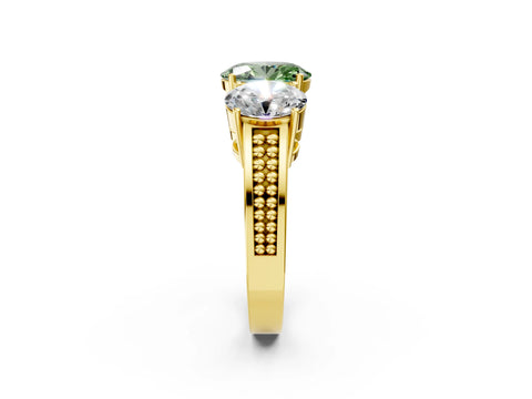 Yellow gold Fancy Green Oval Cut Diamond Three-Stone Ring with Prong Setting and Textured Band_35