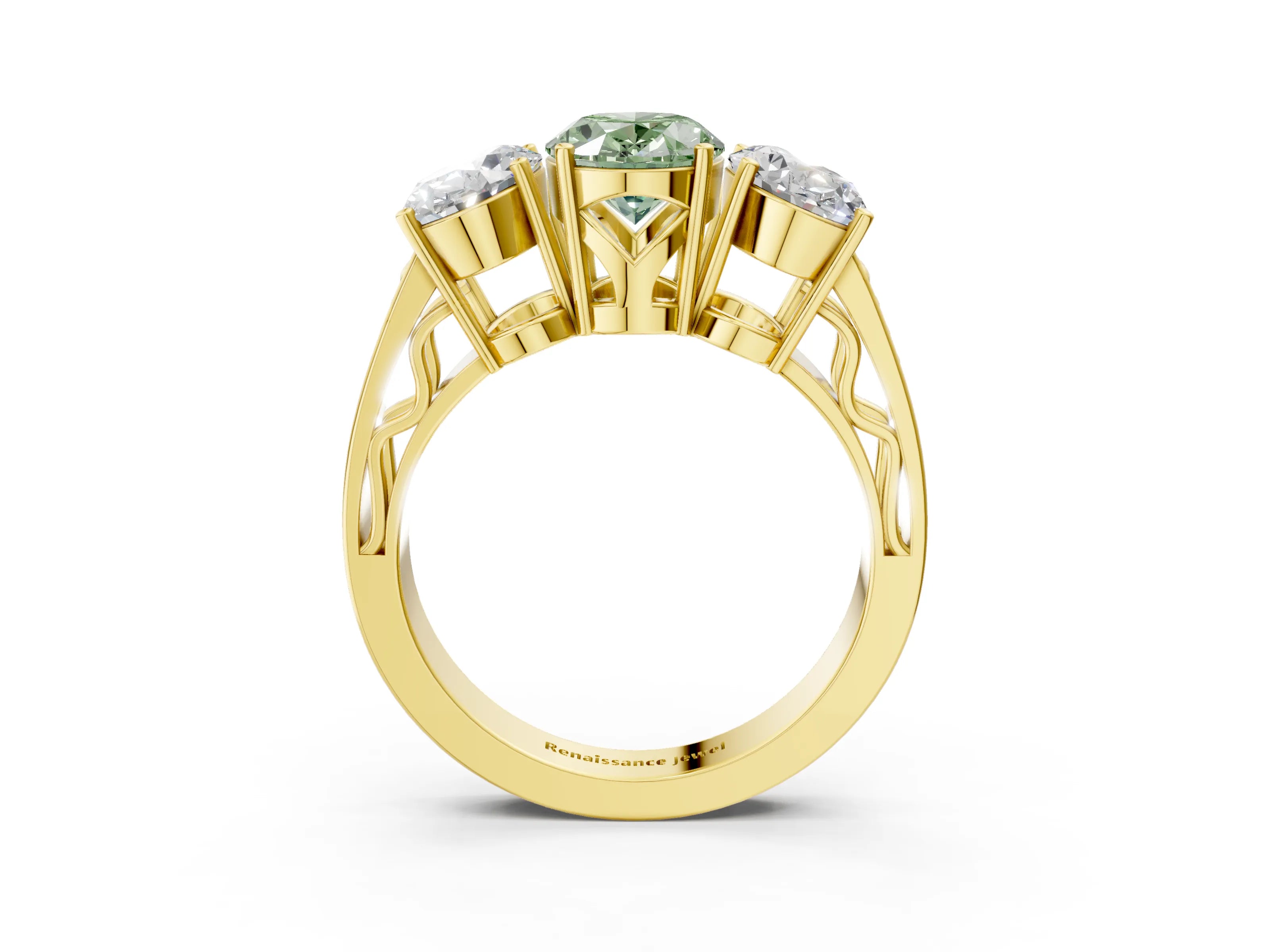 Yellow gold Fancy Green Oval Cut Diamond Three-Stone Ring with Prong Setting and Textured Band_36