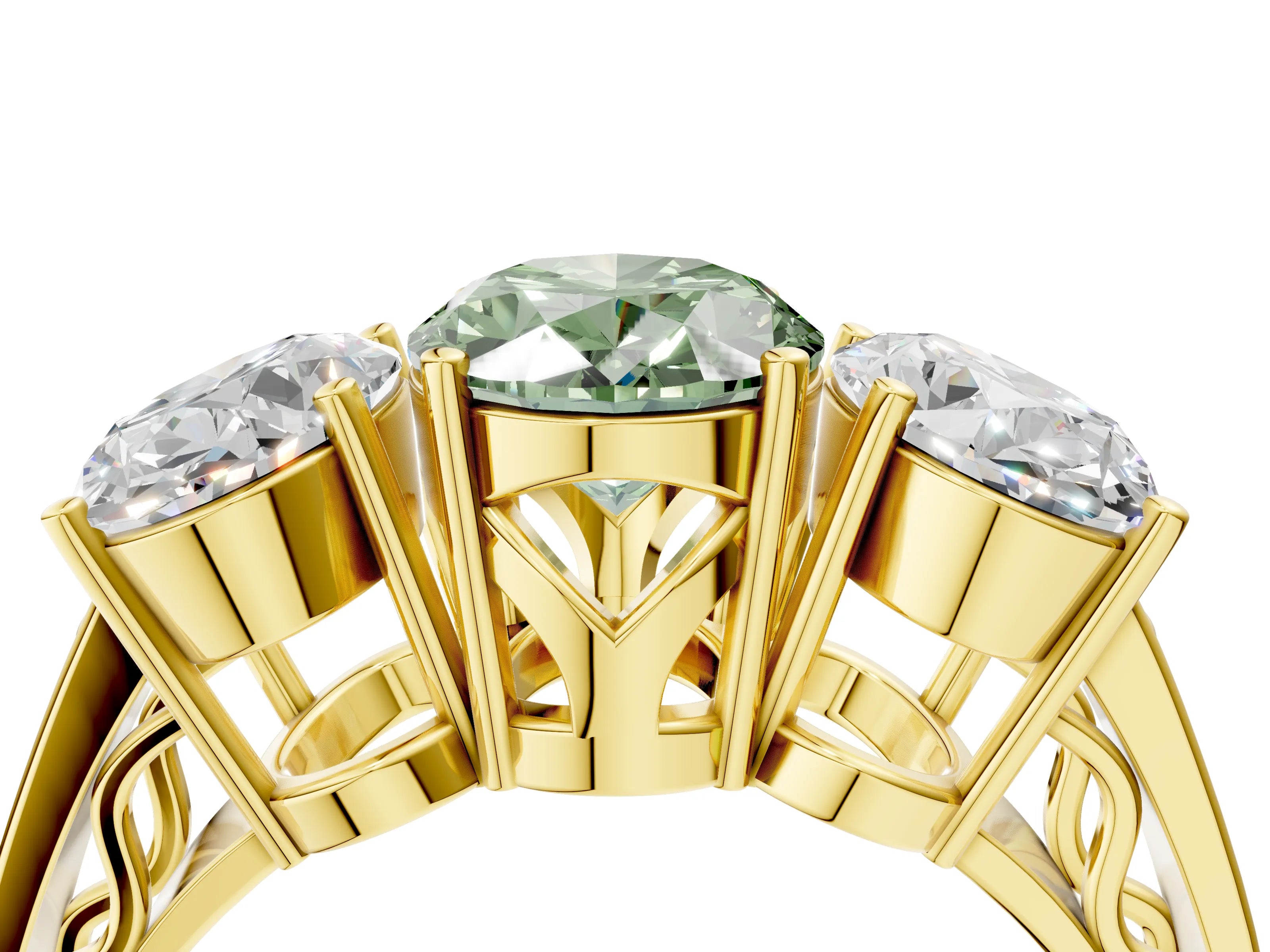 Yellow gold Fancy Green Oval Cut Diamond Three-Stone Ring with Prong Setting and Textured Band_37