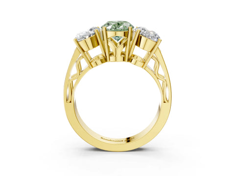 Yellow gold Fancy Green Oval Cut Diamond Three-Stone Ring with Prong Setting and Textured Band_3
