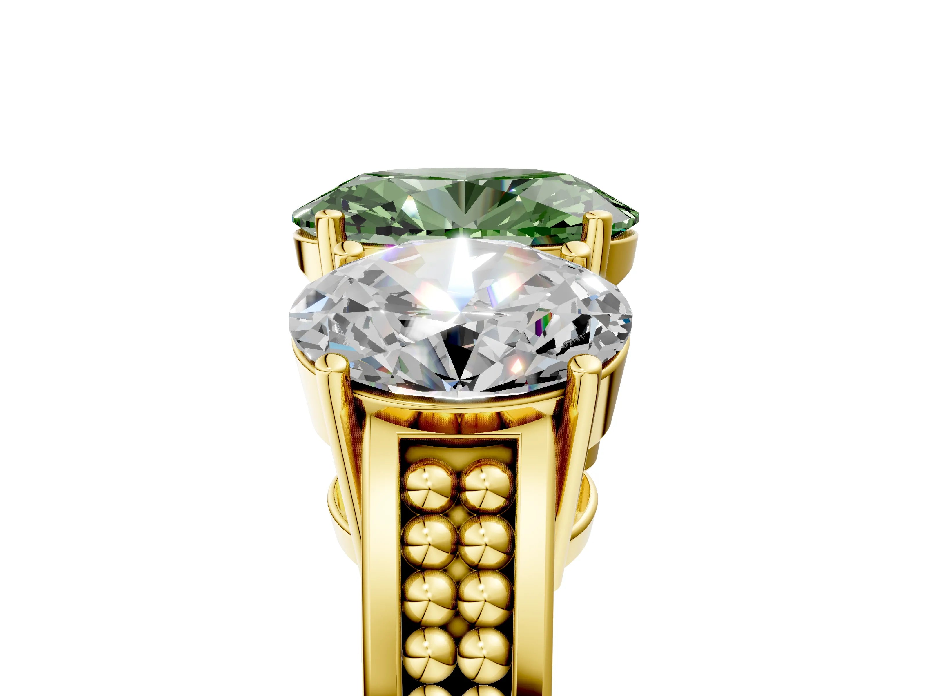 Yellow gold Fancy Green Oval Cut Diamond Three-Stone Ring with Prong Setting and Textured Band_5