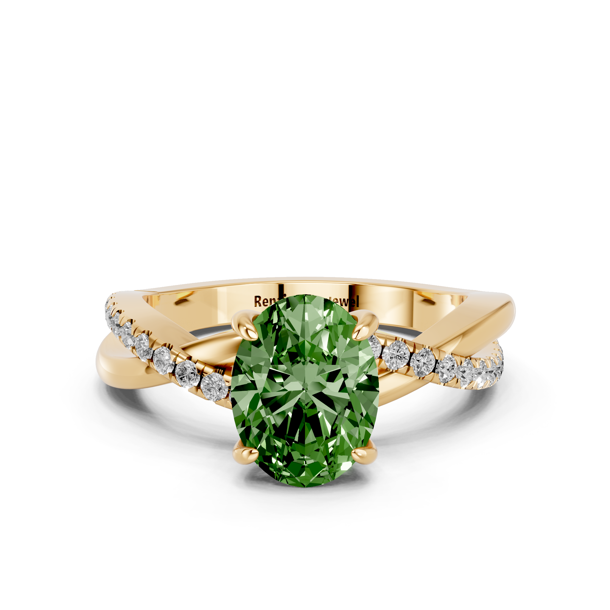 Yellow gold Fancy Green Oval  Cut Diamond Twist Band Solitaire with Prong Setting_10