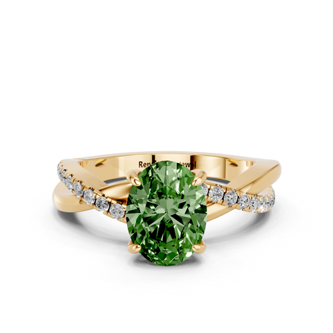 Yellow gold Fancy Green Oval  Cut Diamond Twist Band Solitaire with Prong Setting_10