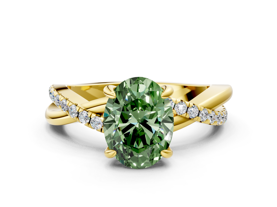 Yellow gold Fancy Green Oval  Cut Diamond Twist Band Solitaire with Prong Setting_23