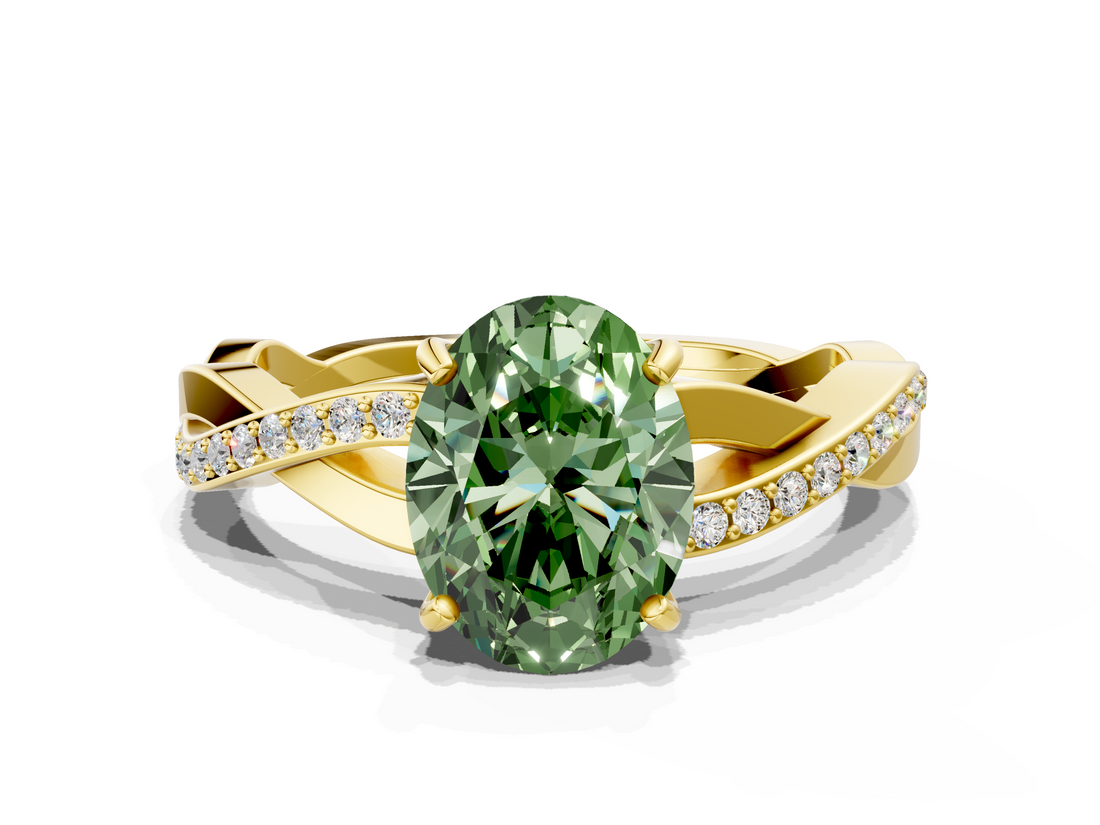 Yellow gold Fancy Green Oval  Cut Diamond Twisted Band Engagement Ring with Prong Setting_3