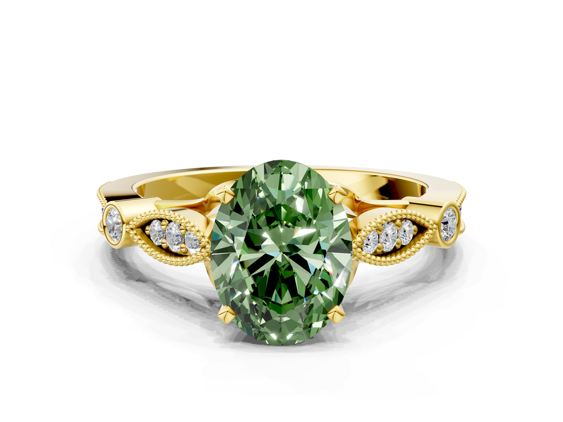 Yellow gold Fancy Green Oval  Cut Diamond with Milgrain Marquise and Bezel Accents on a Solitaire Band with Prong Setting_212
