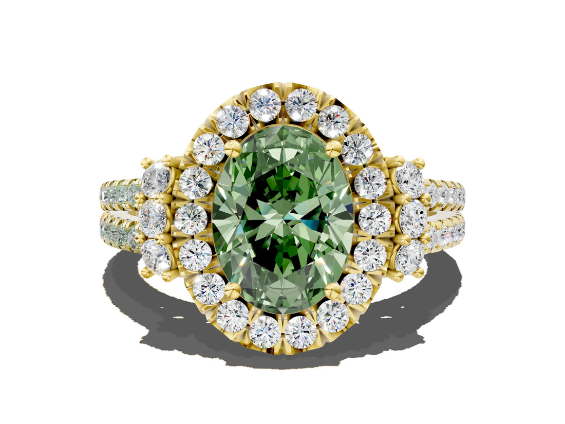 Yellow gold Fancy Green Oval  Cut Double Halo Diamond Engagement Ring with Pave Band and Four-Prong Setting_25