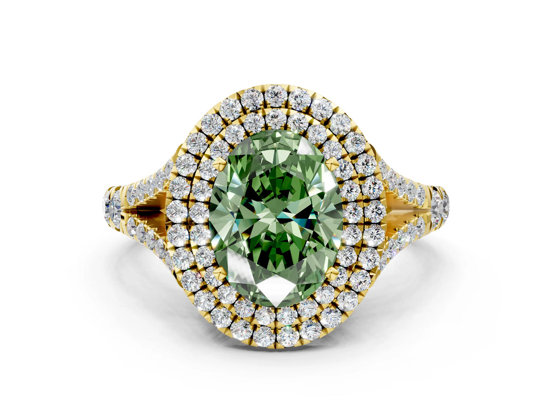 Yellow gold Fancy Green Oval  Cut Double Halo Split Shank Diamond Ring with Prong Setting_48