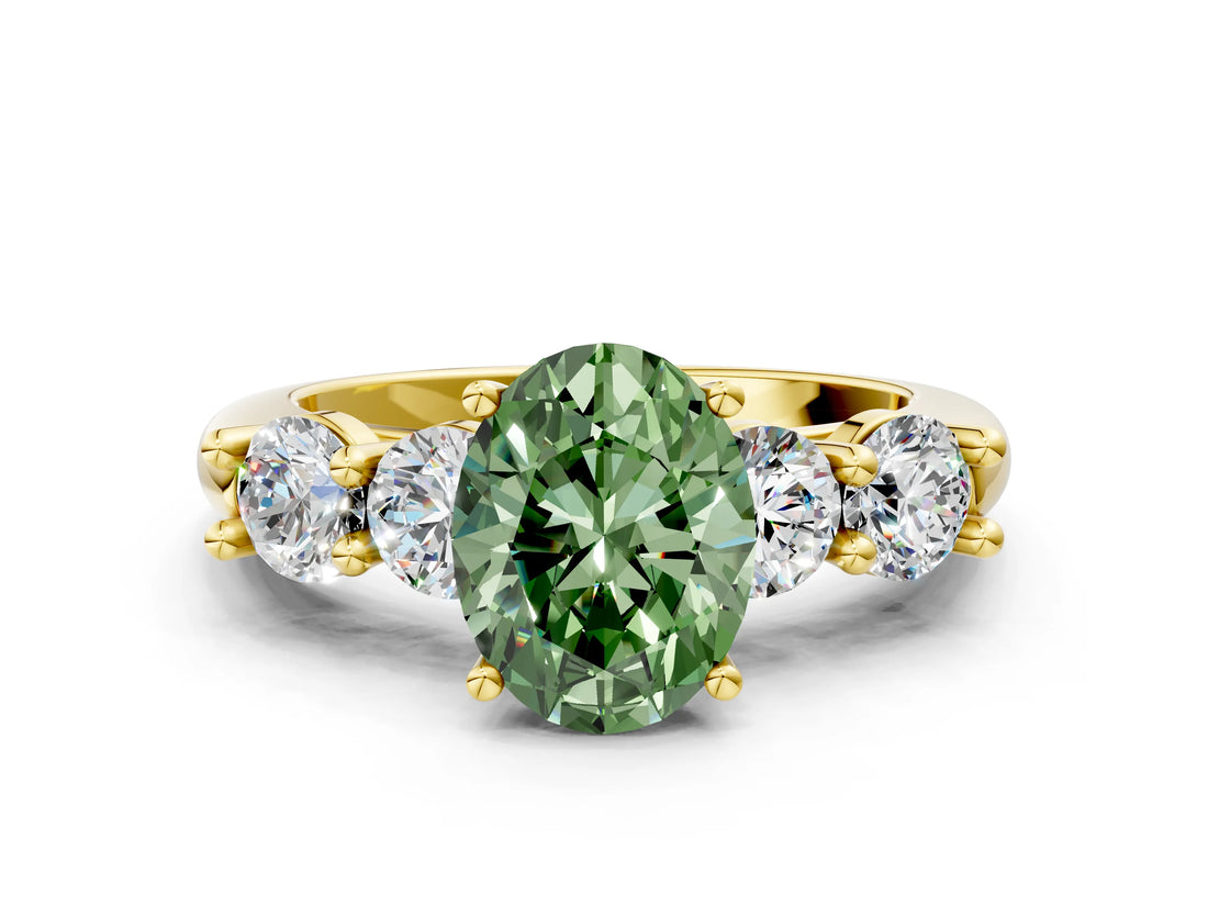 Yellow gold Fancy Green Oval  Cut Five-Stone Prong Set Diamond Ring with Classic Band_32