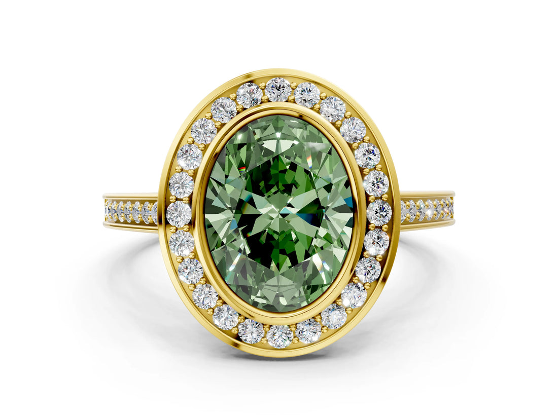 Yellow gold Fancy Green Oval Cut Halo Bezel Diamond Pave Band Ring