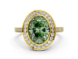 Yellow gold Fancy Green Oval Cut Halo Bezel Diamond Pave Band Ring
