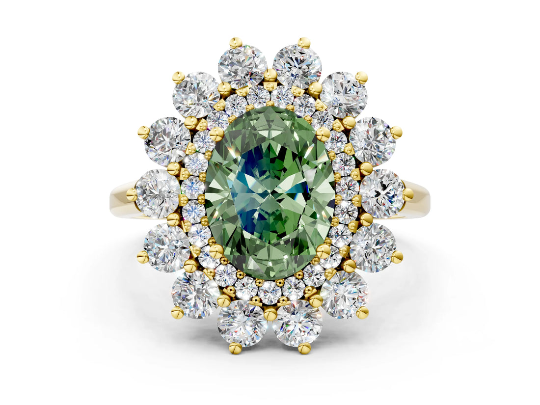 Yellow gold Fancy Green Oval Cut Halo Cluster Diamond Ring with Pave Band and Four-Prong Setting_12