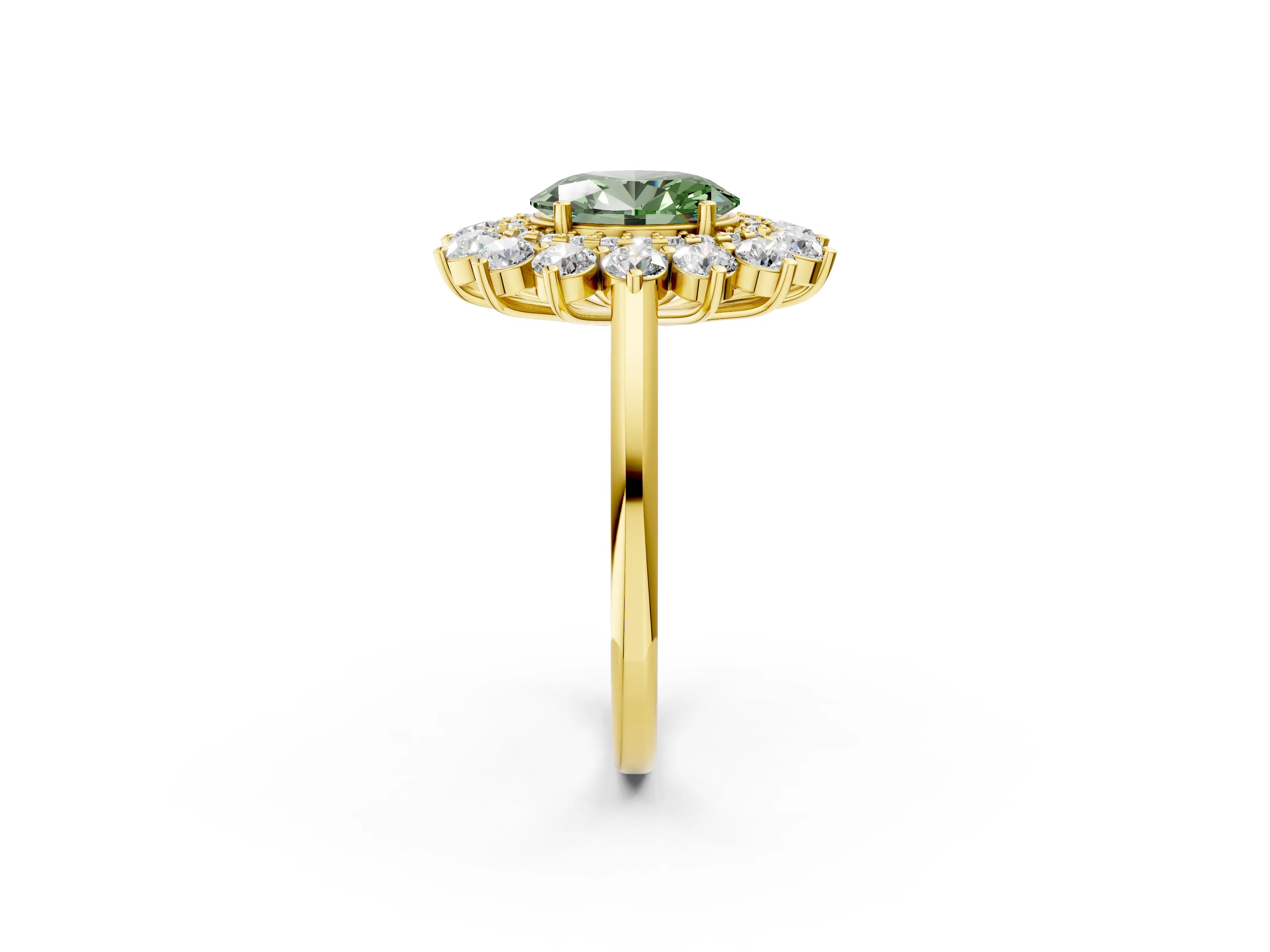 Yellow gold Fancy Green Oval Cut Halo Cluster Diamond Ring with Pave Band and Four-Prong Setting_14