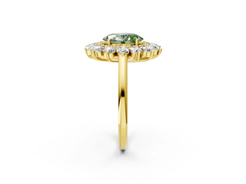 Yellow gold Fancy Green Oval Cut Halo Cluster Diamond Ring with Pave Band and Four-Prong Setting_14