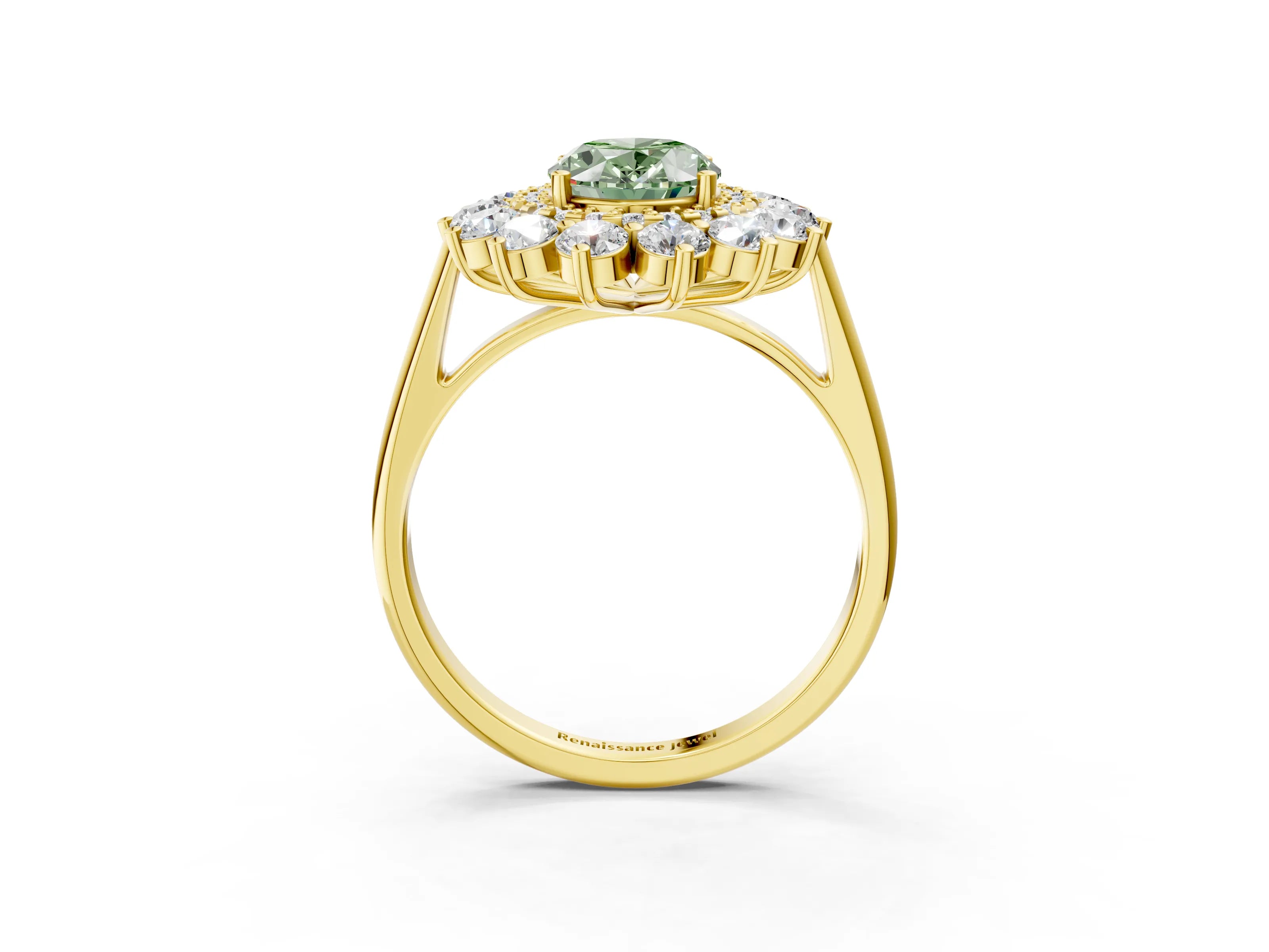Yellow gold Fancy Green Oval Cut Halo Cluster Diamond Ring with Pave Band and Four-Prong Setting_15