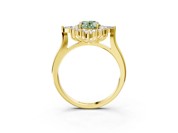 Yellow gold Fancy Green Oval Cut Starburst Halo Engagement Ring Setting with Marquise and Round Accents