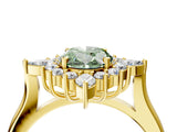 Yellow gold Fancy Green Oval Cut Halo Diamond Cluster Ring with Marquise and Round Stones on a White Gold Band with Prong Setting_4