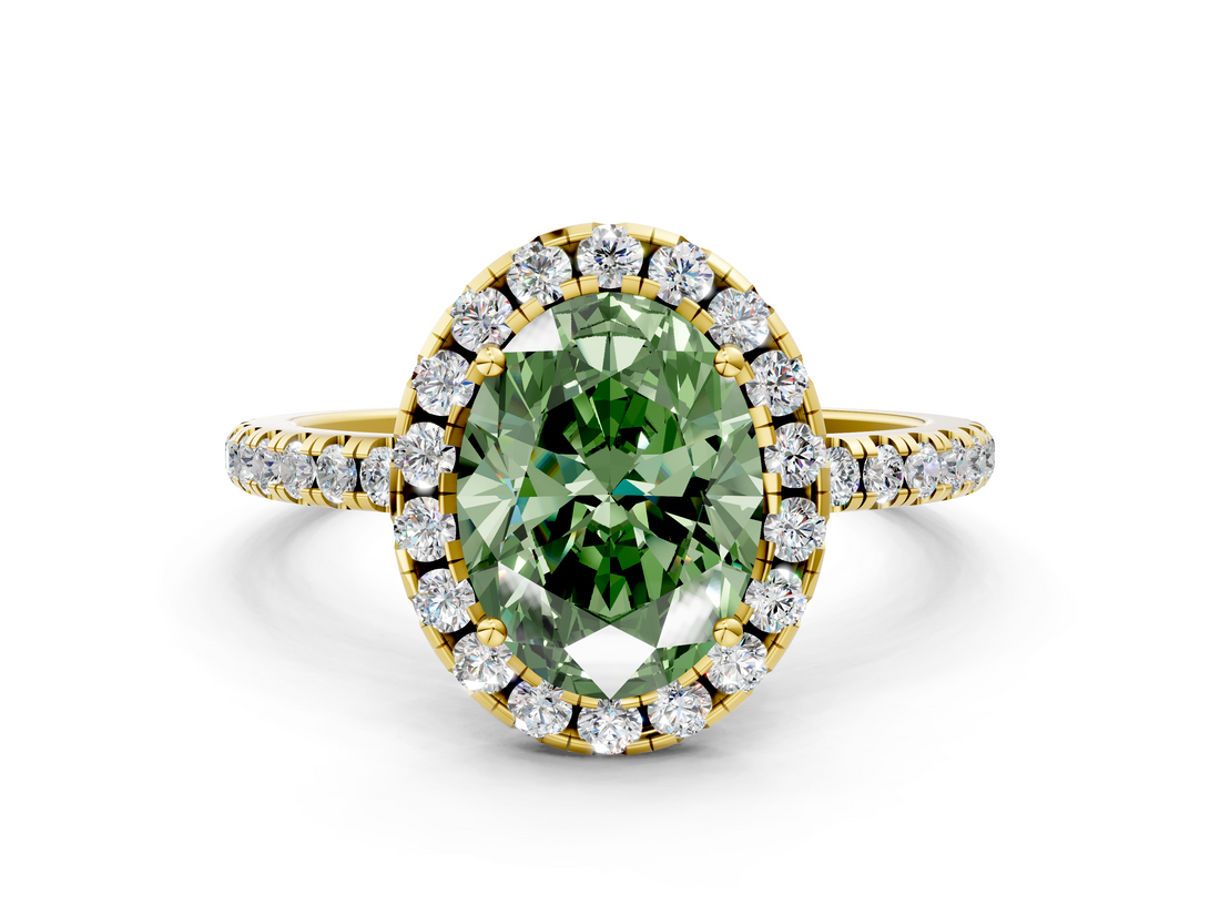 Yellow gold Fancy Green Oval  Cut Halo Diamond Engagement Ring with Pave Band and Four-Prong Setting_20