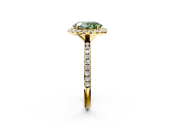 Yellow gold Fancy Green Oval  Cut Diamond Floral Halo Engagement Ring with Pavé Band and Prong Setting