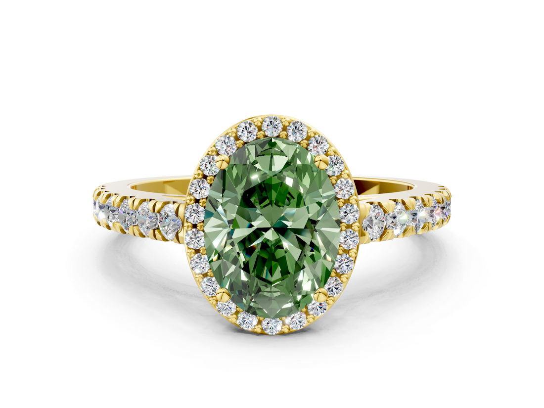 Yellow gold Fancy Green Oval  Cut Halo Diamond Engagement Ring with Pave Band and Four-Prong Setting_28