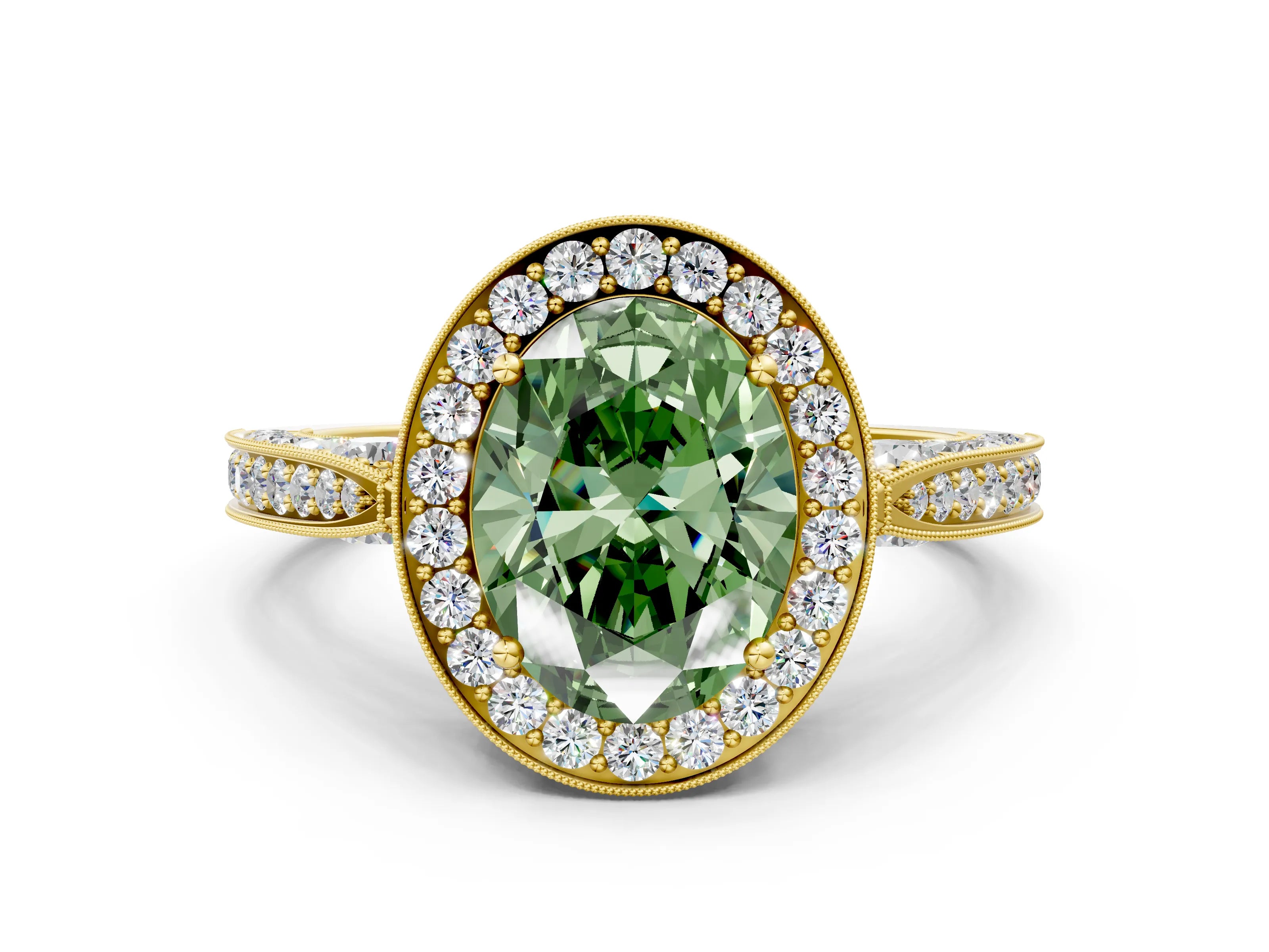 Yellow gold Fancy Green Oval Cut Halo Diamond Engagement Ring with Split Shank Band and Four-Prong Setting