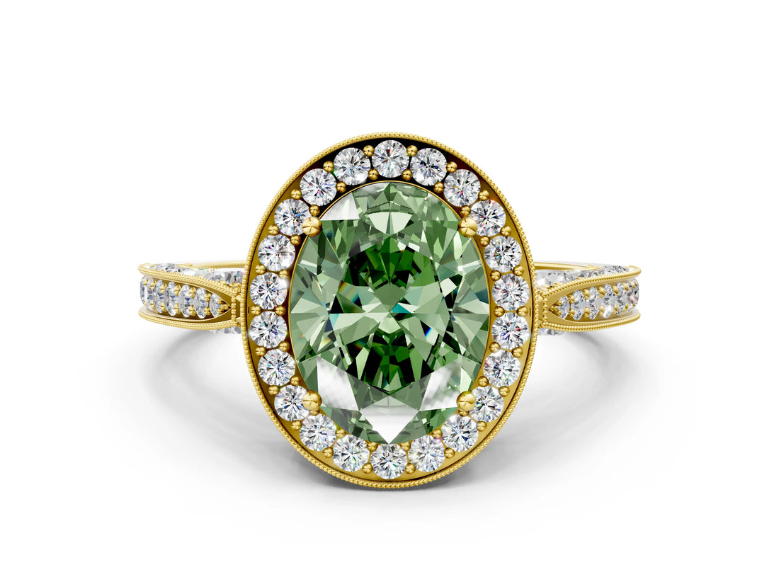 Yellow gold Fancy Green Oval Cut Halo Diamond Engagement Ring with Split Shank Band and Four-Prong Setting