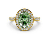 Yellow gold Fancy Green Oval Cut Halo Diamond Engagement Ring with Split Shank Band and Four-Prong Setting