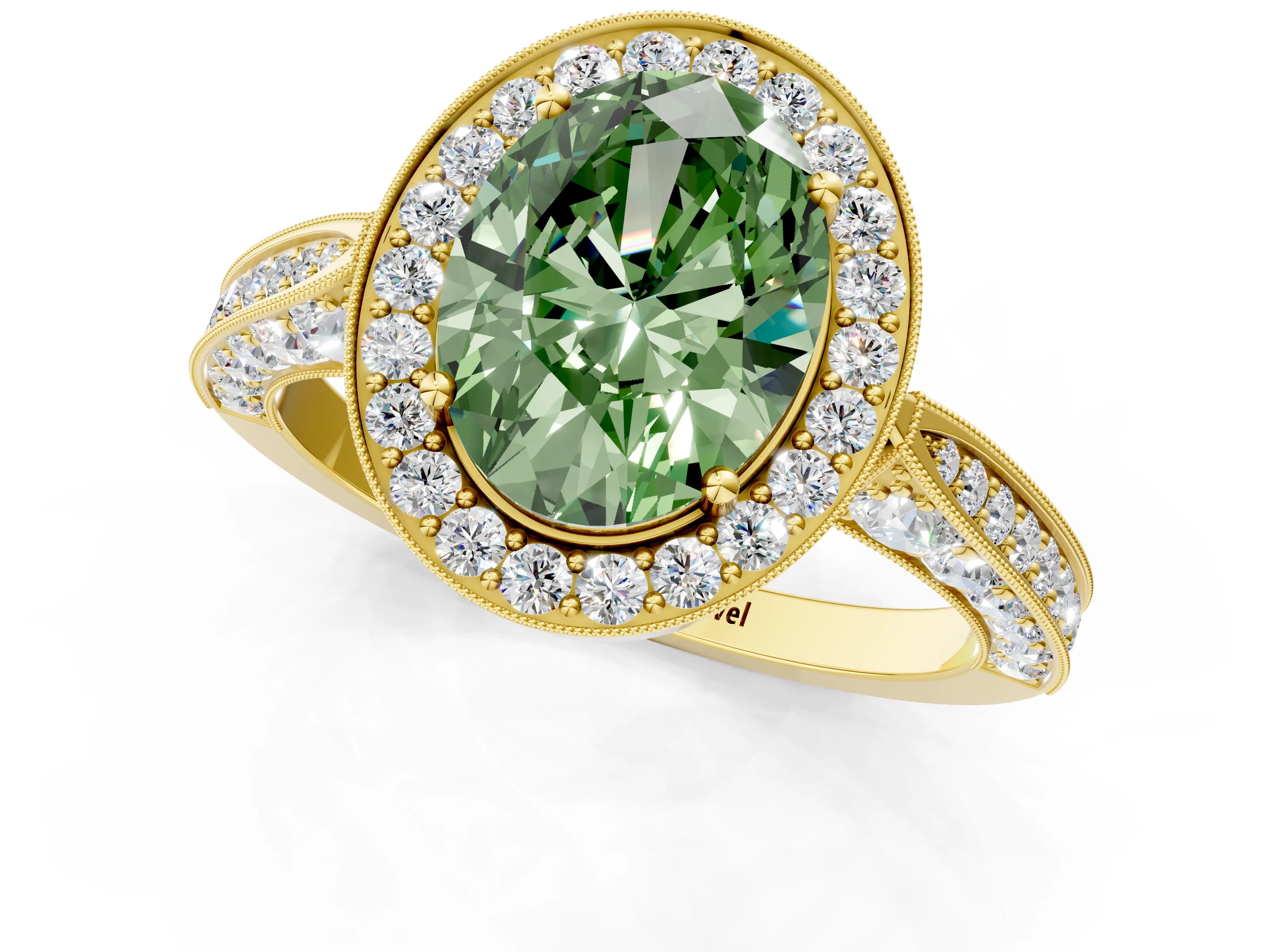 Yellow gold Fancy Green Oval Cut Halo Diamond Engagement Ring with Split Shank Band and Four-Prong Setting_1