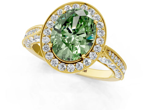 Yellow gold Fancy Green Oval Cut Halo Diamond Engagement Ring with Split Shank Band and Four-Prong Setting_1