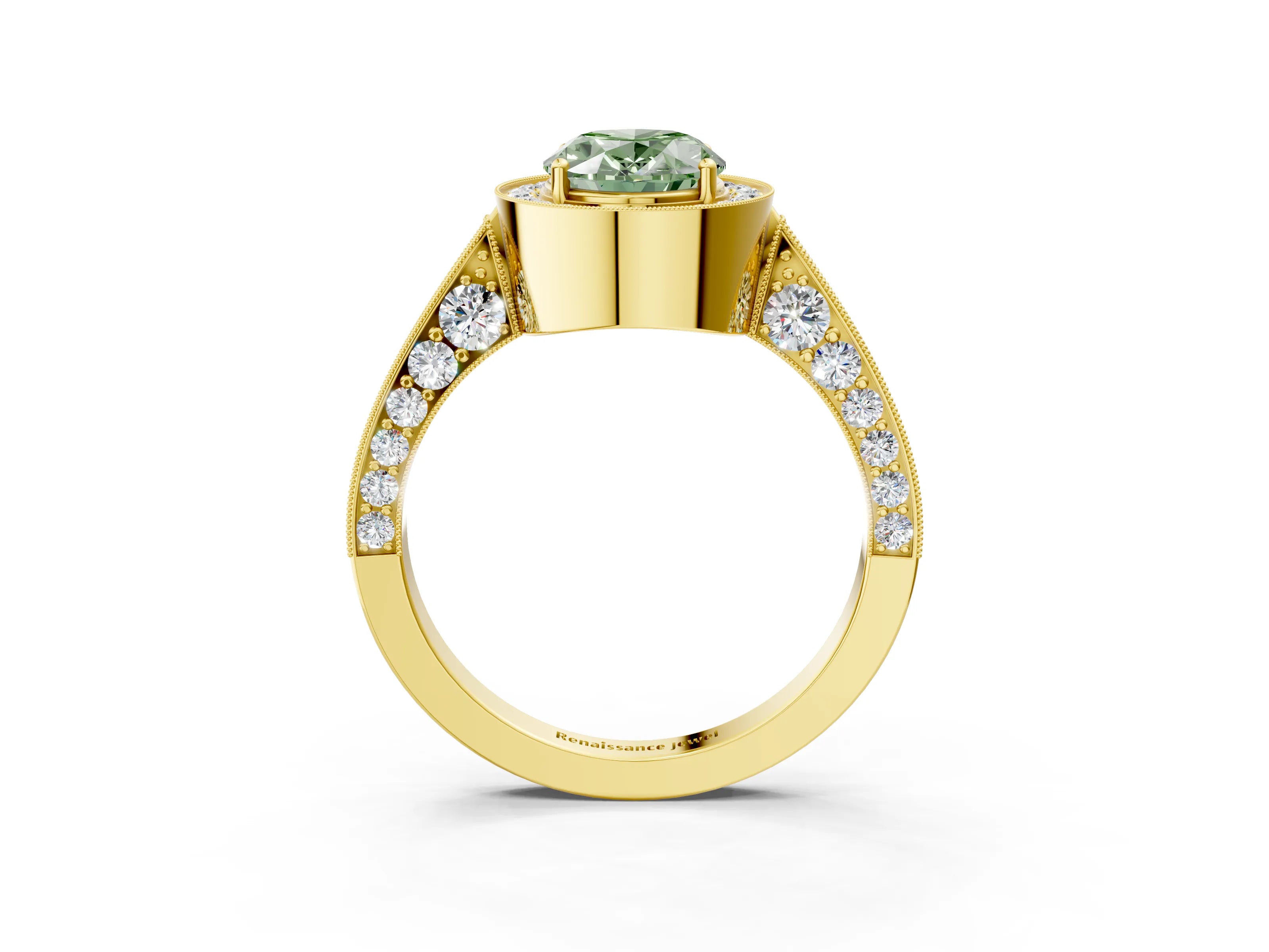 Yellow gold Fancy Green Oval Cut Halo Diamond Engagement Ring with Split Shank Band and Four-Prong Setting_3
