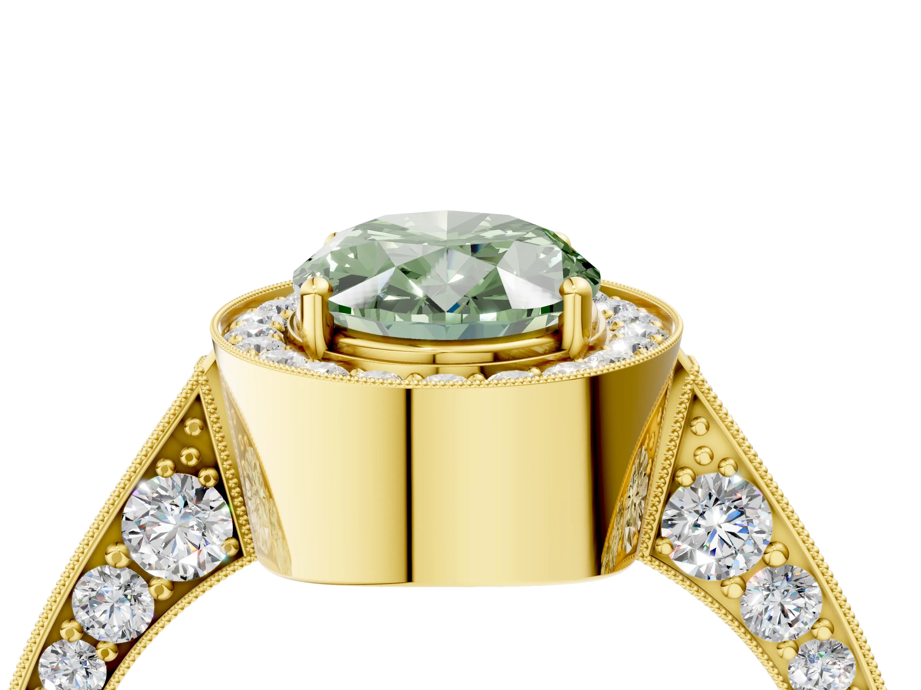 Yellow gold Fancy Green Oval Cut Halo Diamond Engagement Ring with Split Shank Band and Four-Prong Setting_4
