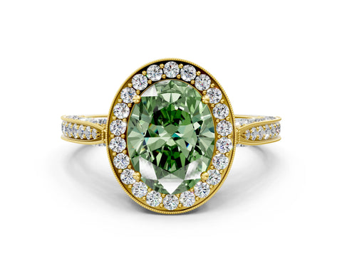 Yellow gold Fancy Green Oval Cut Halo Diamond Engagement Ring with Split Shank Band and Four-Prong Setting