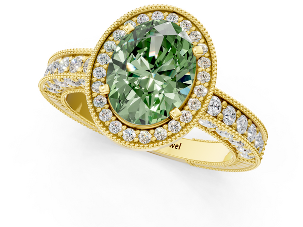 Yellow gold Fancy Green Oval  Cut Halo Diamond Pave Band Ring with Four-Prong Setting