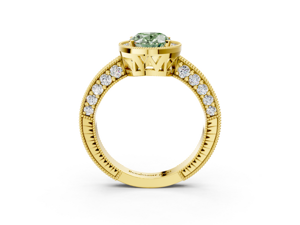 Yellow gold Fancy Green Oval  Cut Halo Diamond Pave Band Ring with Four-Prong Setting