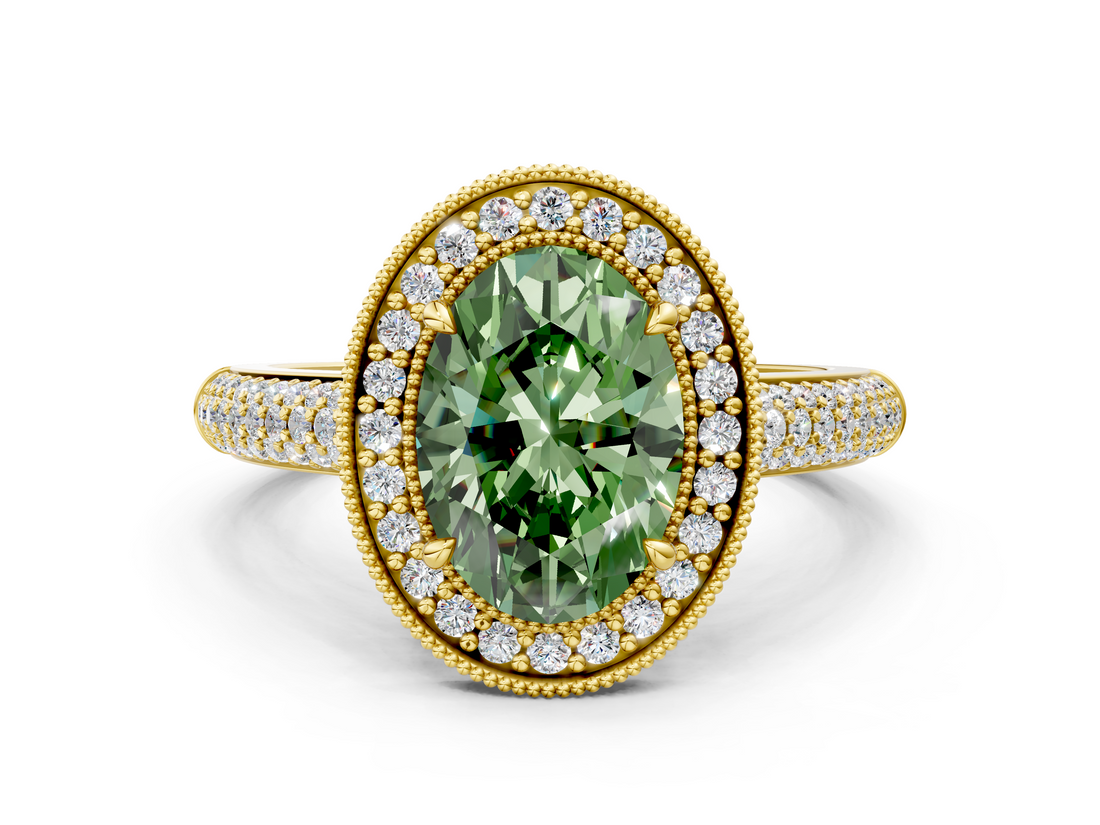 Yellow gold Fancy Green Oval  Cut Halo Diamond Pave Band with Four-Prong Setting_37