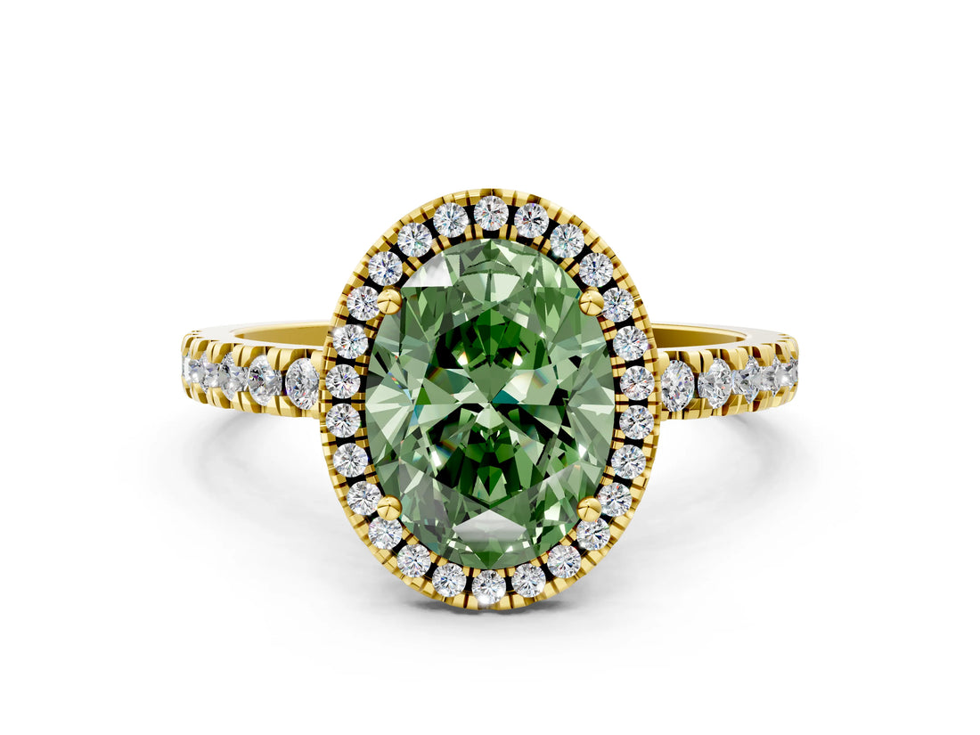 Yellow gold Fancy Green Oval Cut Halo Diamond Pave Band with Prong Setting