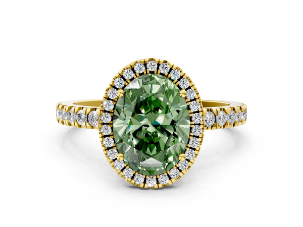 Yellow gold Fancy Green Oval Cut Halo Diamond Pave Band with Prong Setting